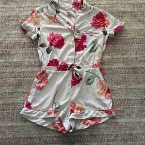 Victoria's Secret Floral Satin Pajama Set - White and Pink